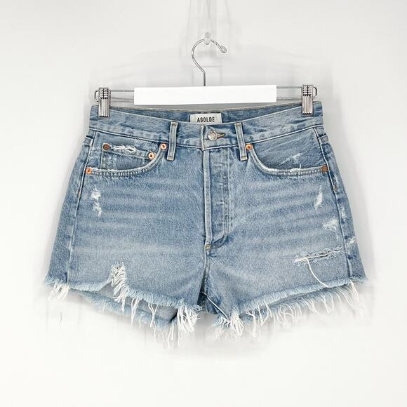 AGOLDE Parker Swapmeet Distressed Denim Shorts Women’s Size 25 High Rise Cutoff - Picture 2 of 5